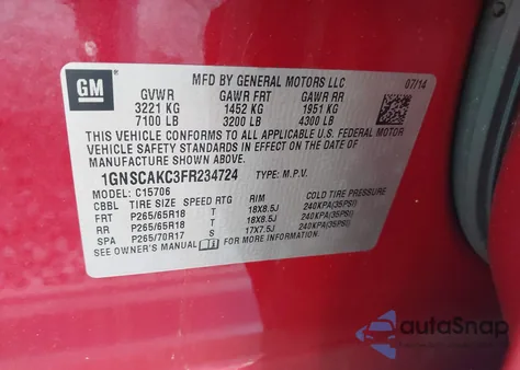 2015 Chevrolet Tahoe Ls z USA, uszkodzony, nr VIN 1GNSCAKC3FR234724